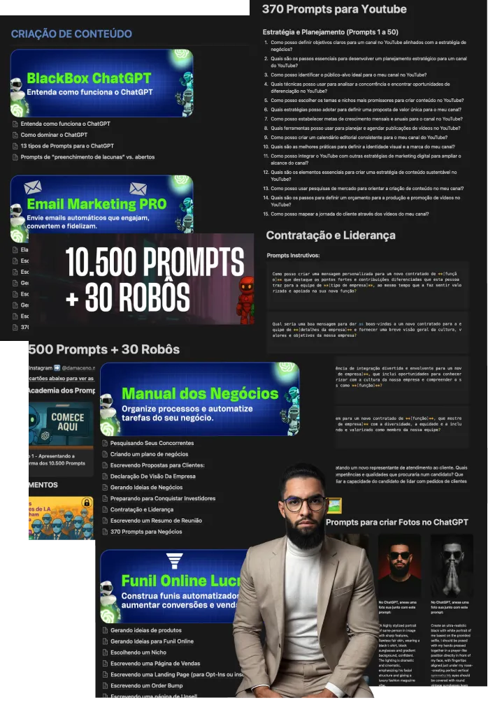 Exemplos dos prompts e robôs disponíveis na biblioteca